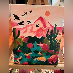 Hand painted by me acrylic on canvas pink desert in bloom with birds